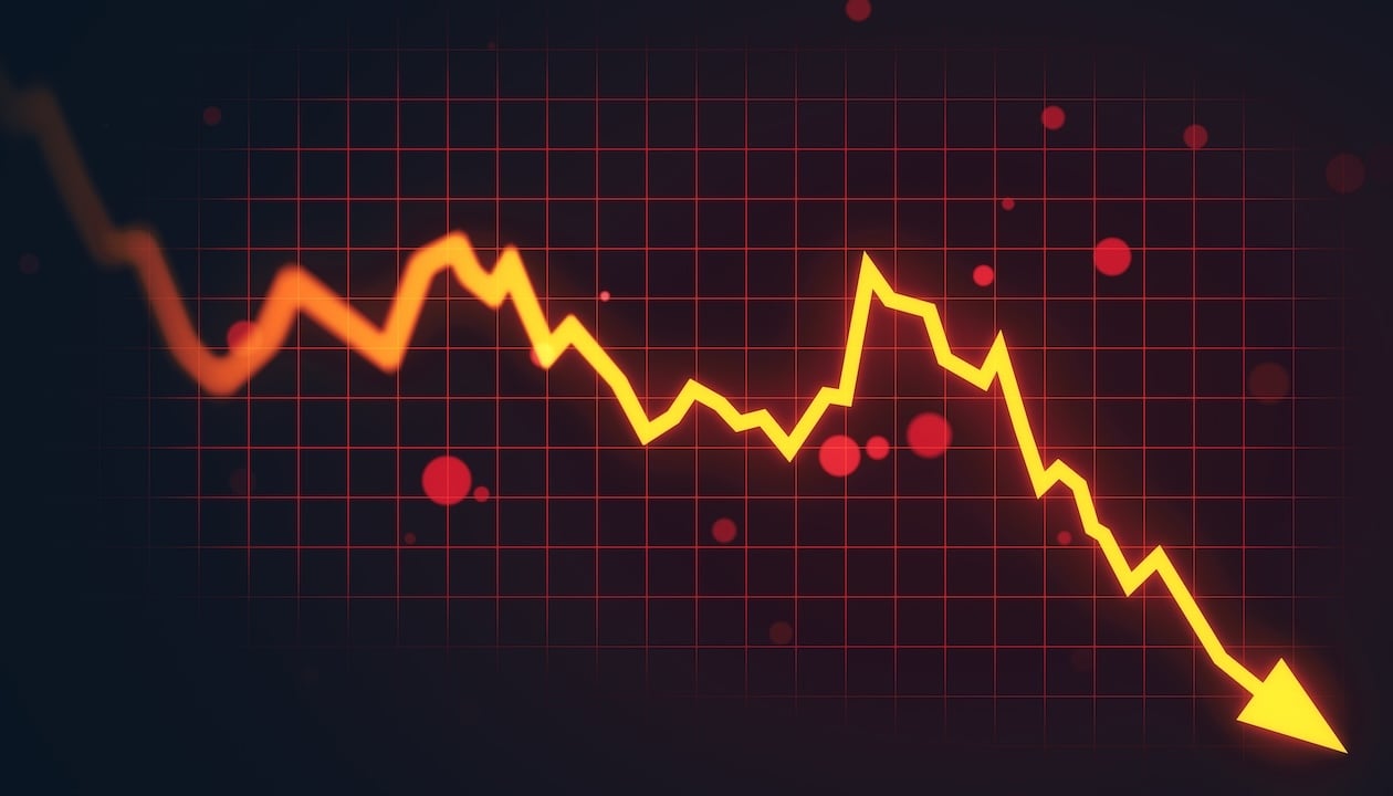 Digital financial chart with a sharp downward arrow on a red grid background, representing declining performance, losses, and operational instability
