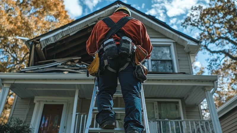 Restoration contractor climbs ladder to inspect damaged roof