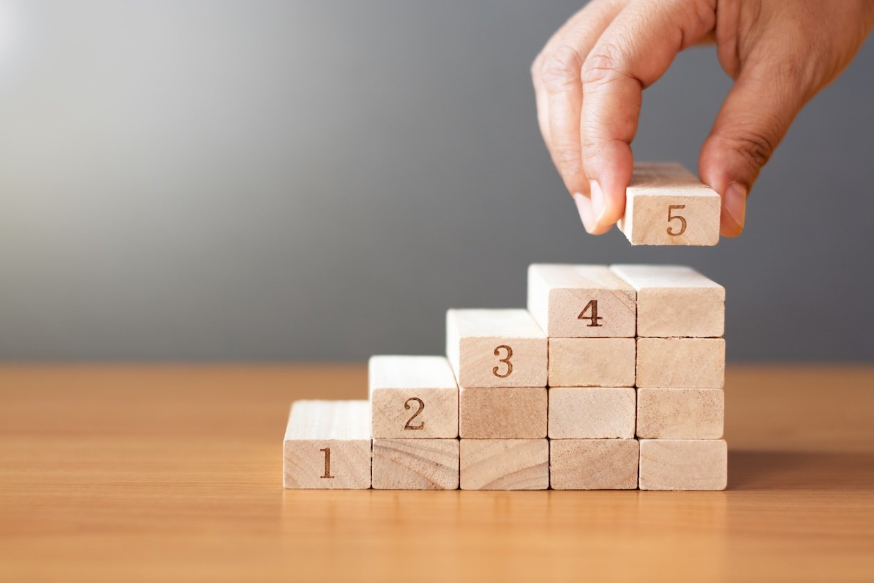 Hands stacking five wooden blocks on a table to represent five steps in building a restoration sales team