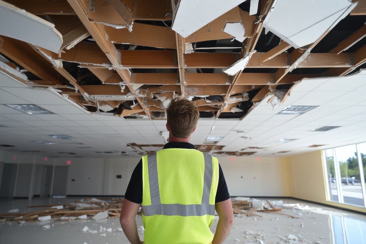 Restoration contractor looking at damaged ceiling.