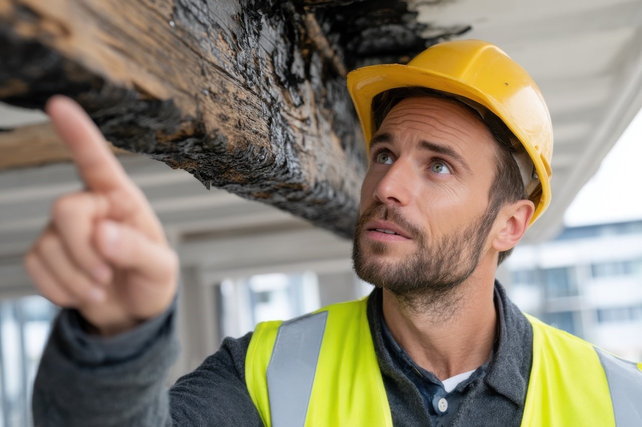 Restoration contractor looking at a fire damaged beam