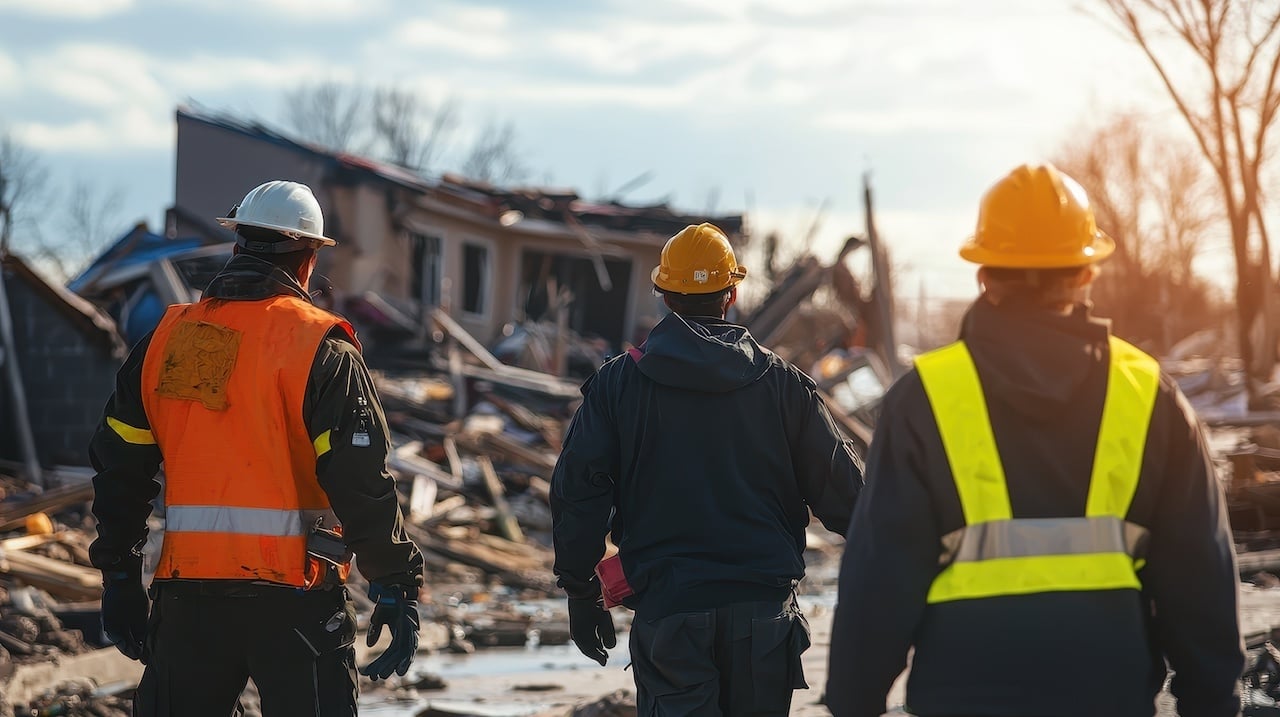 Restoration crew surveying damage. 