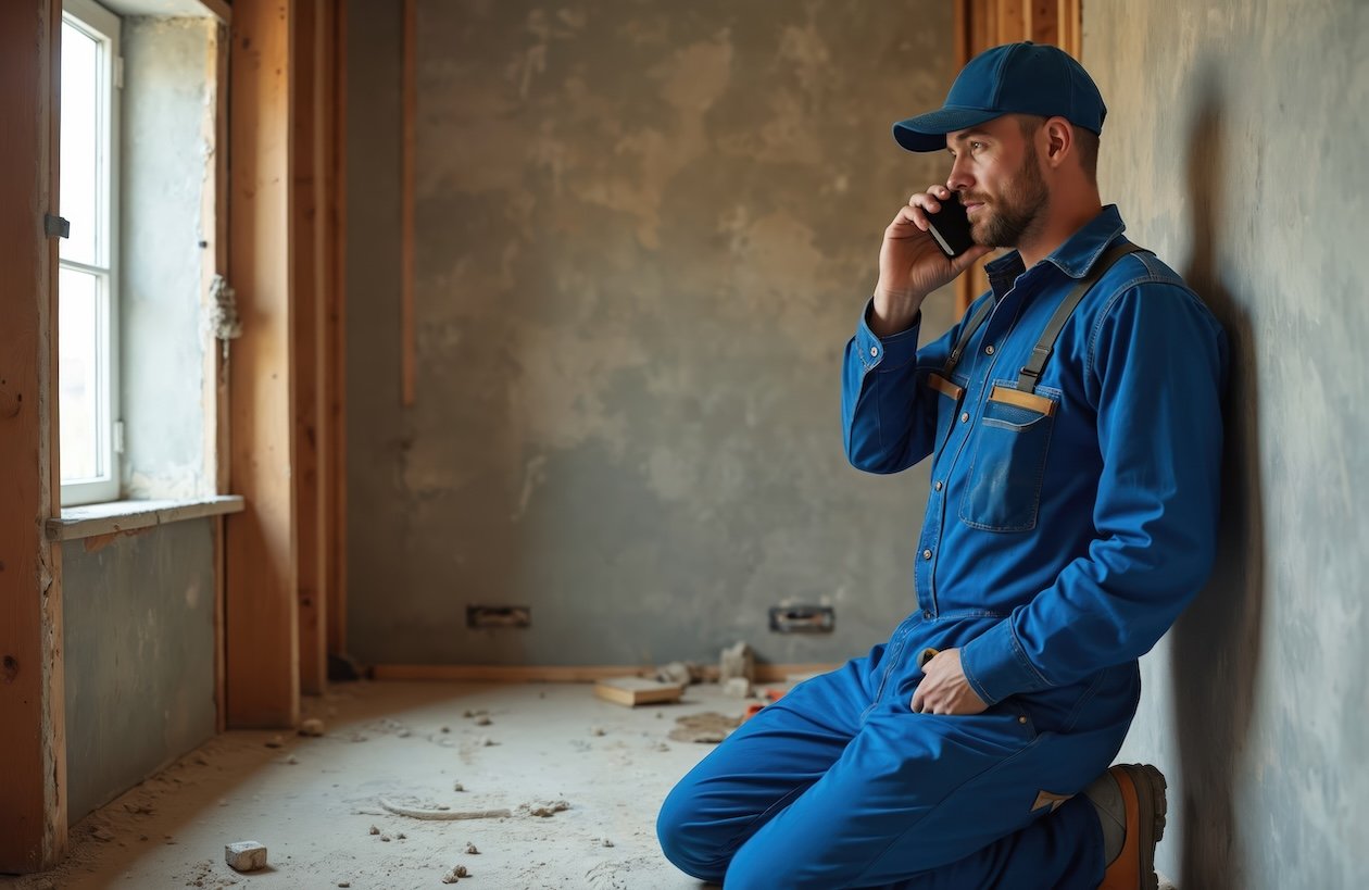 Restoration worker on job site using cell phone