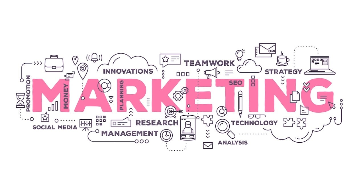 Vector illustration featuring the word “marketing” in stylized typography